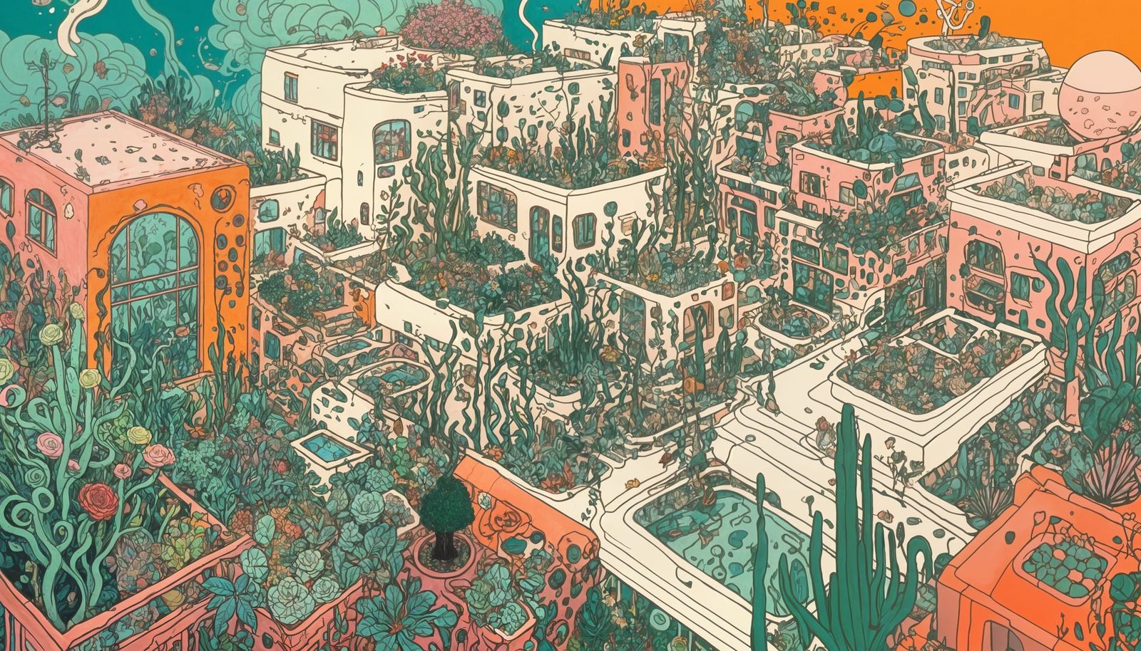Retrofuturist Greenhouse City in Expressionist Style