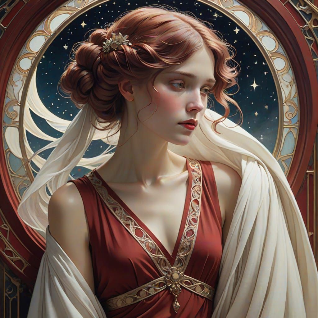 Art Nouveau Woman in Red Dress