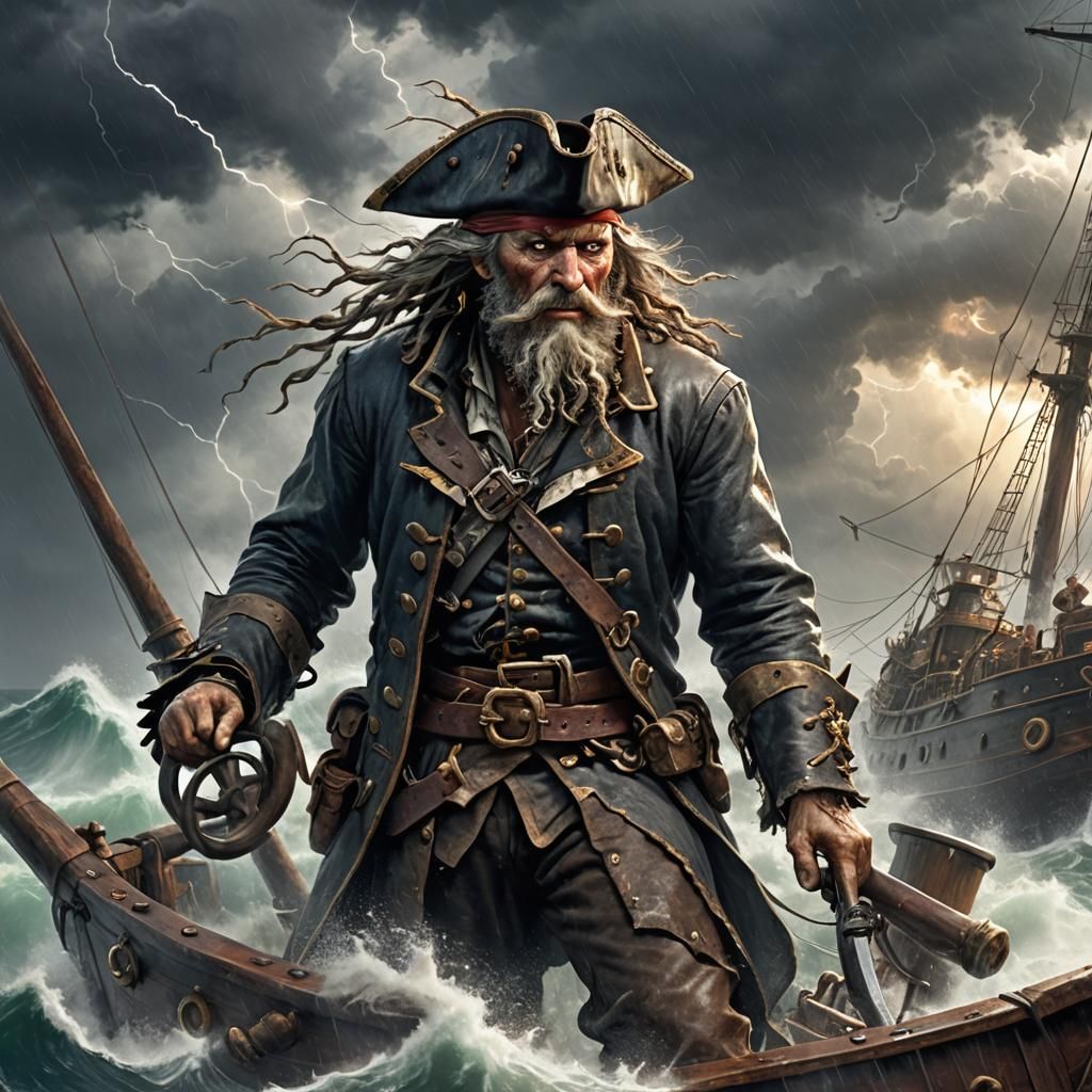 Pirate Captain in Storm, Gritty Realism Style
