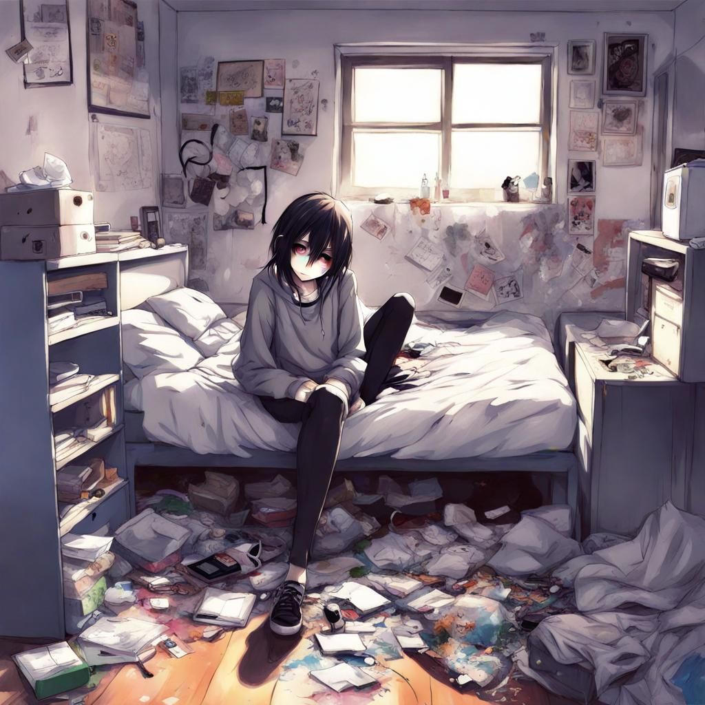Emo Girl in Messy Room: Anime-Inspired Art