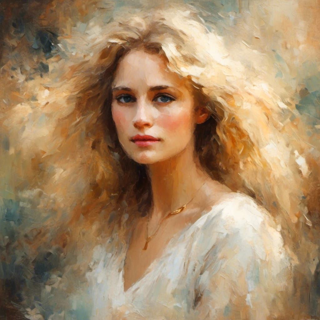 Impressionistic Portrait of a Blonde Woman with Necklace