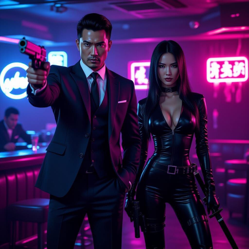 Asian Assassins in Neon Nightclub, Cinematic Aesthetic