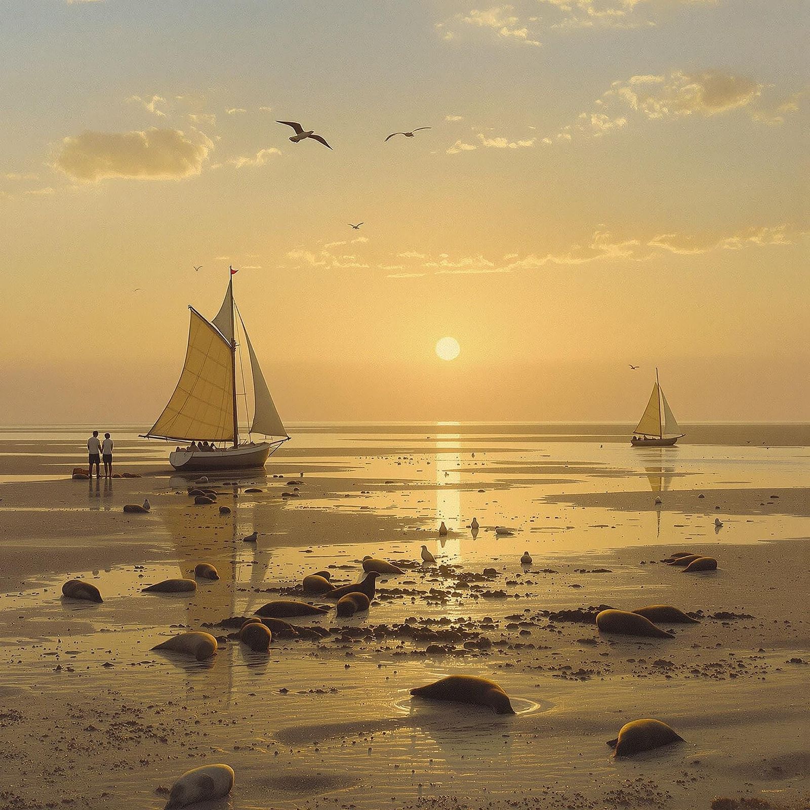 Wadden Sea Sunset with Seals, Classical Painting