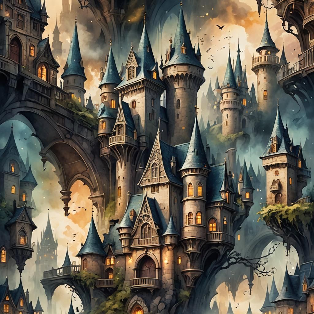 Ethereal Dark Fantasy Storybook Architecture in Watercolor