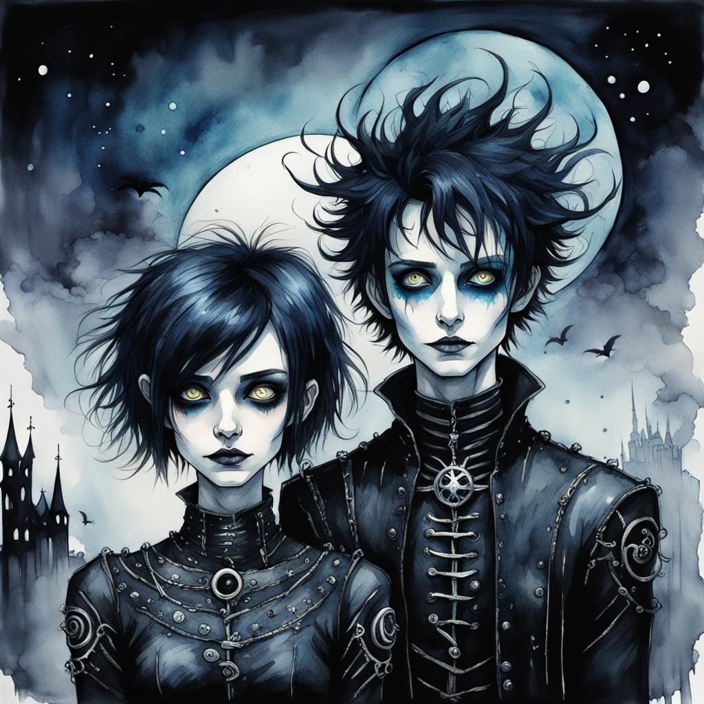 Gothic Siblings in Dark Fantasy Watercolor Style
