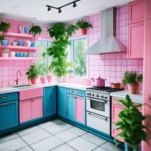 Modern Candy Pink and Blue Kitchen with Plants