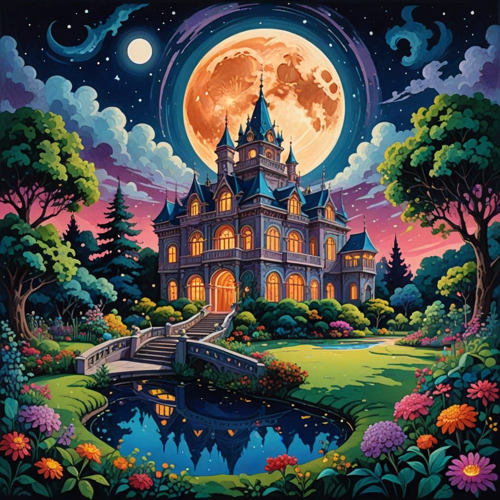 Moonlit Palace in Overgrown Gardens, Gouache Painting