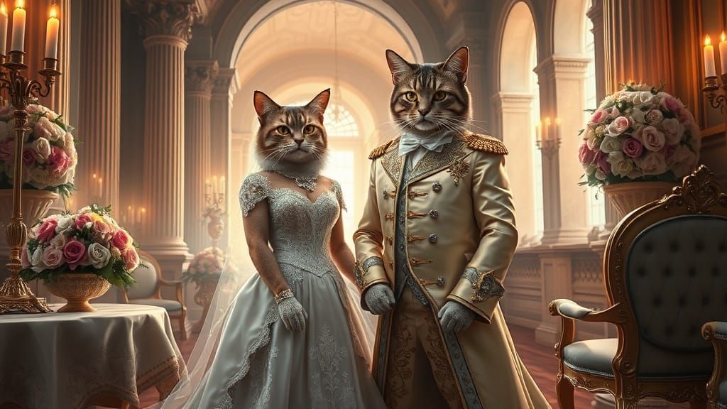 Ethereal Feline Royal Wedding in Whimsical Oil Painting Styl...