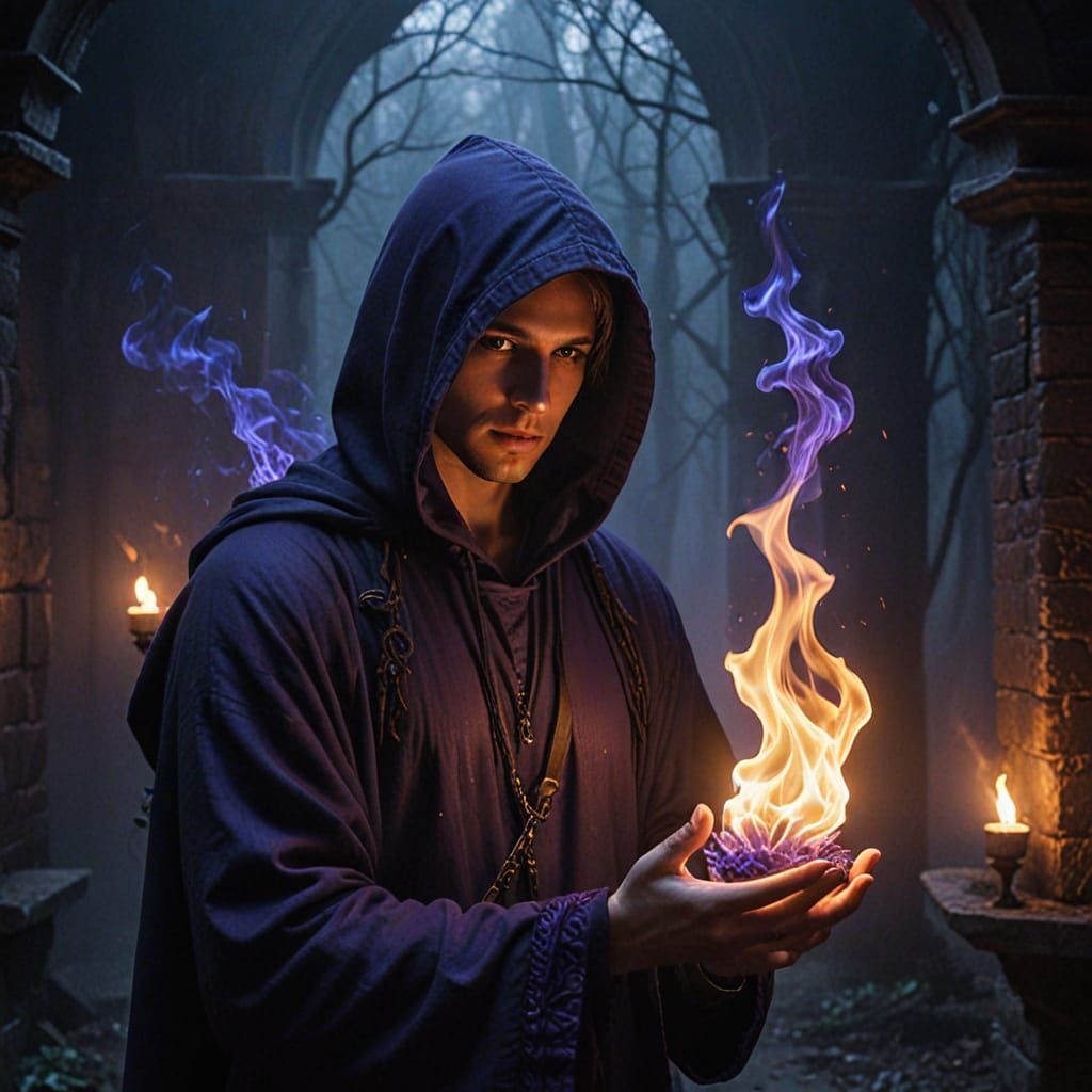 Mysterious Hooded Figure Basks in Violet Flame's Warm Glow