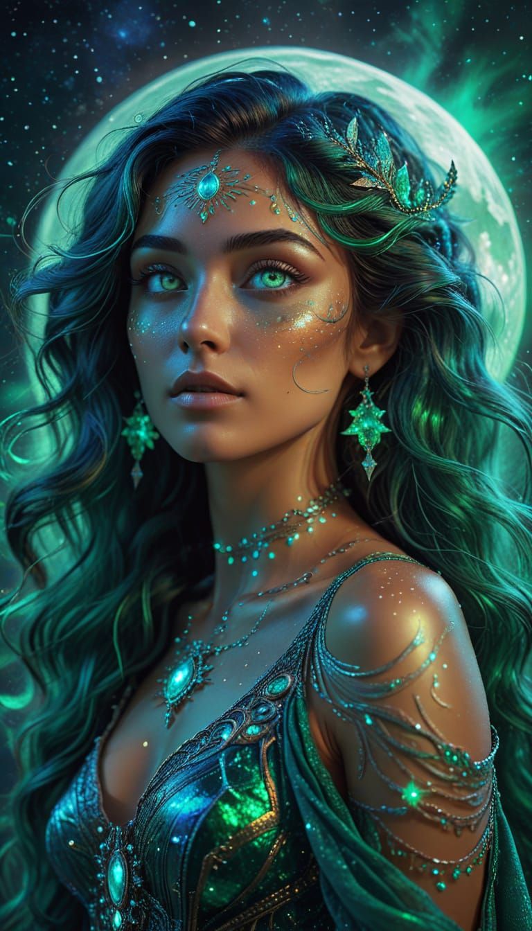 mysterious beautiful woman with glowing emerald green eyes
