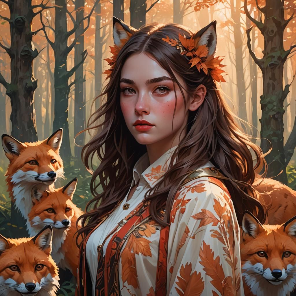 Forest Portrait of Girl with Foxes in Hyperrealistic Style