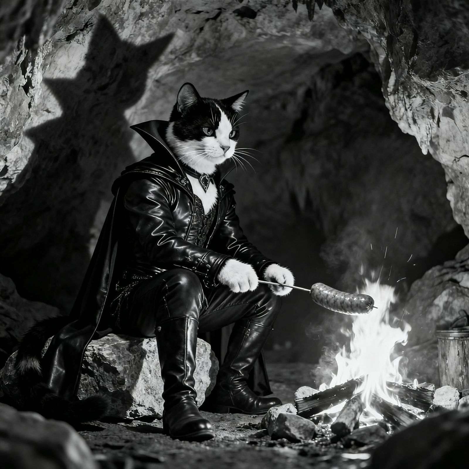 Monochrome Cat Vampire Roasting Sausage in Cave