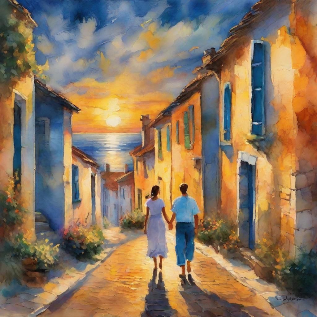 Enchanting Seaside Village at Twilight, Mixed Media Painting