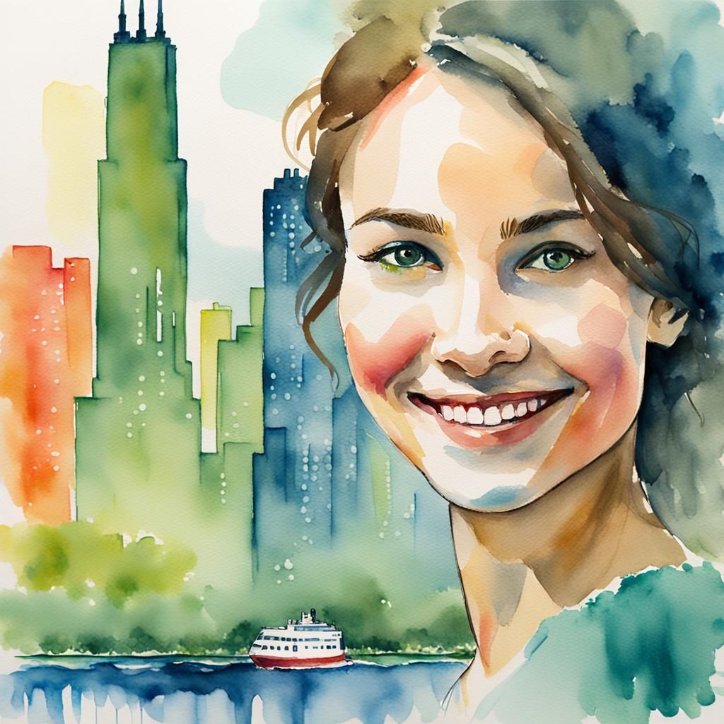Chicago Skyline Morphs Into Woman's Face: Watercolor Portrai...