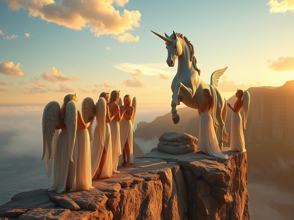 Angels Carving a Majestic Unicorn Statue at Dawn