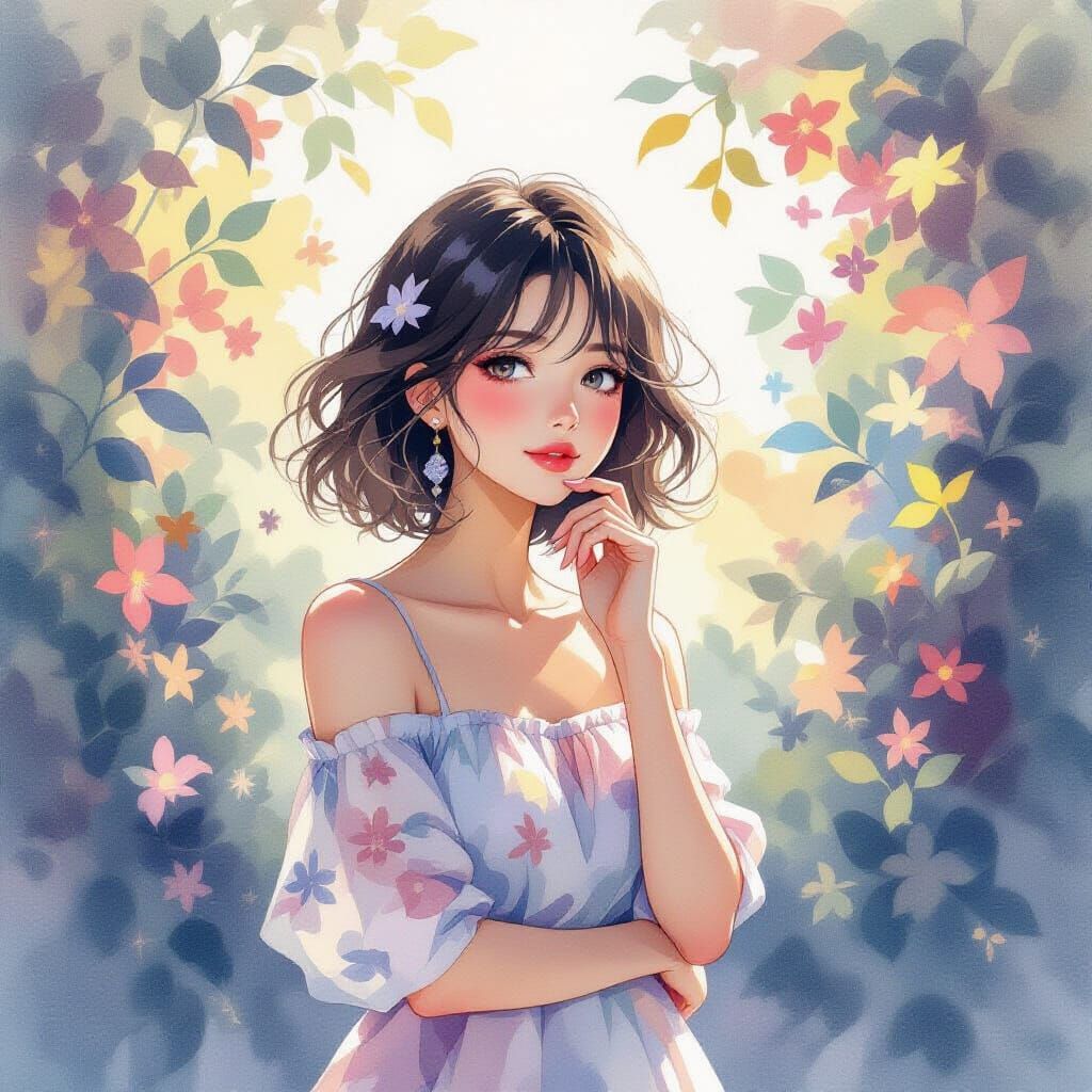 Whimsical Woman in Dreamy Watercolor Landscape