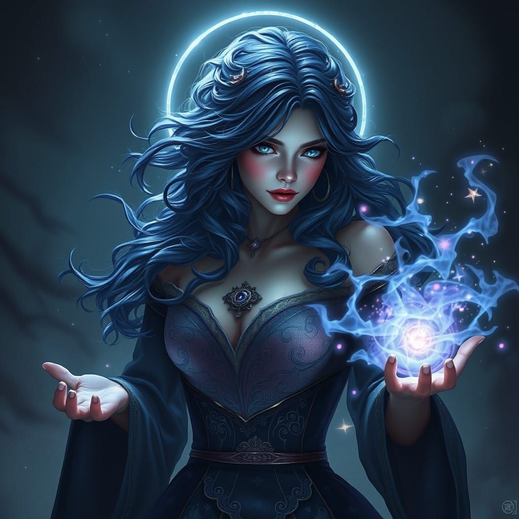 Ethereal Sorceress in Midnight Blue Haired Regalia