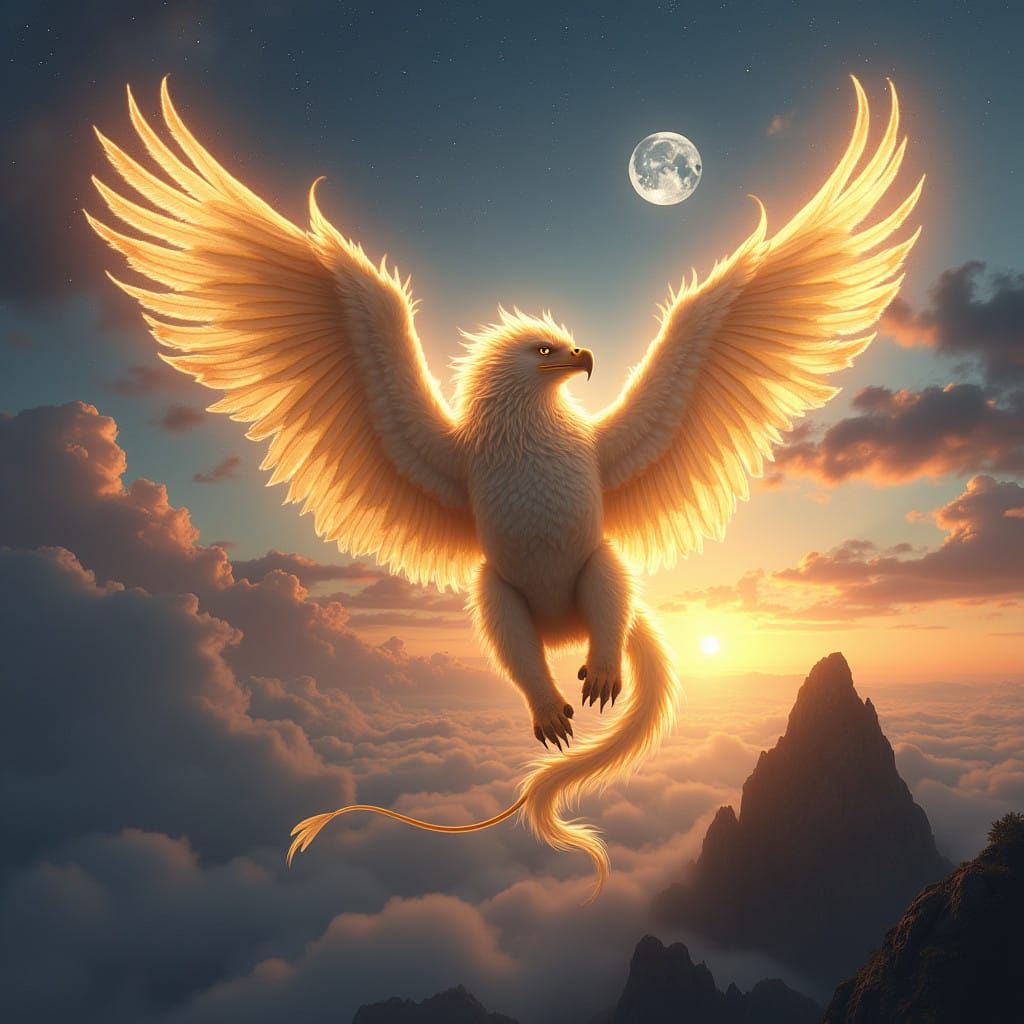 Ethereal Griffin Soars in Golden Twilight