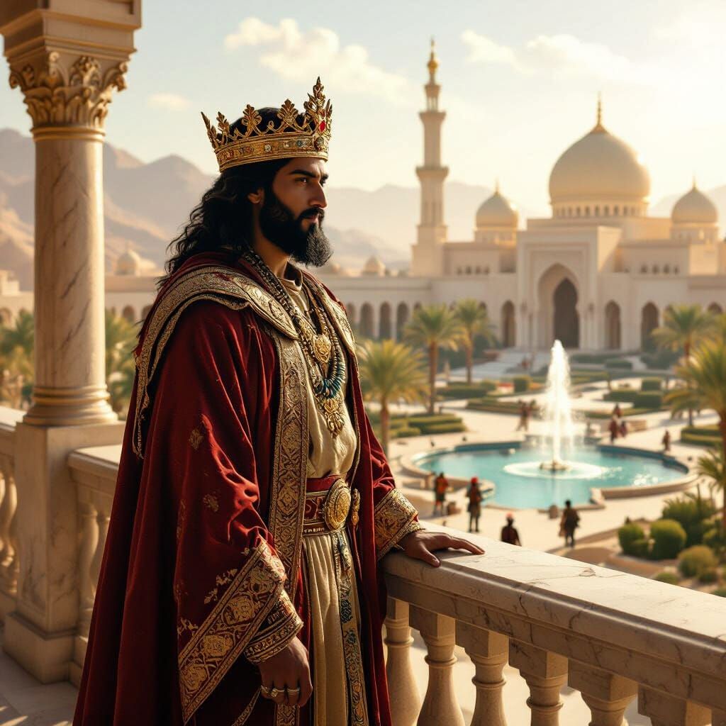 Arabian King Overlooking Palace Garden, Digital Painting