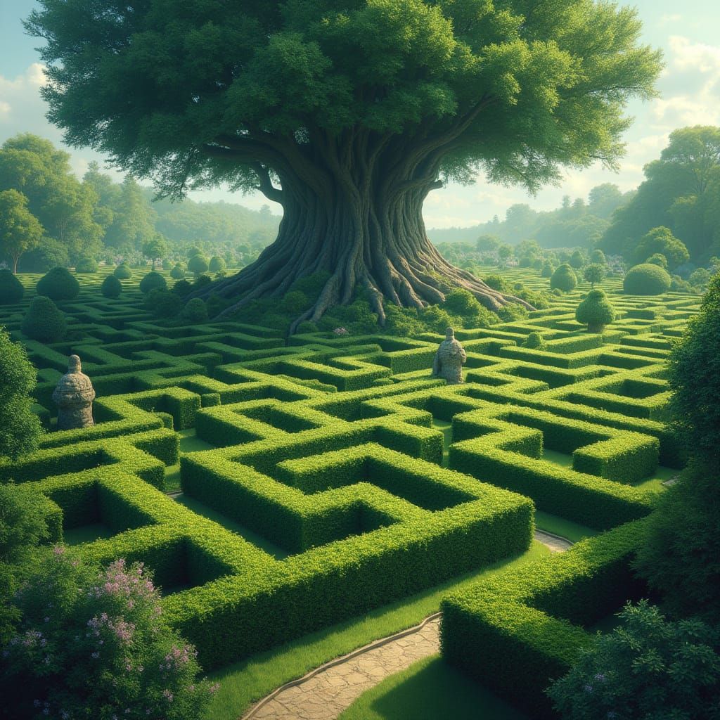 Enigmatic Hedge Maze in Impressionist Style