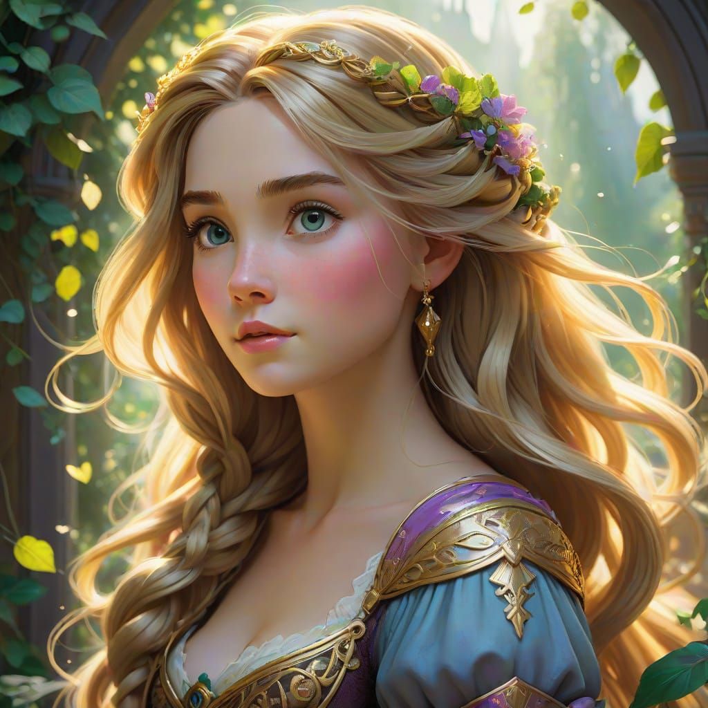 Regal Portrait of Rapunzel in Art Nouveau Style