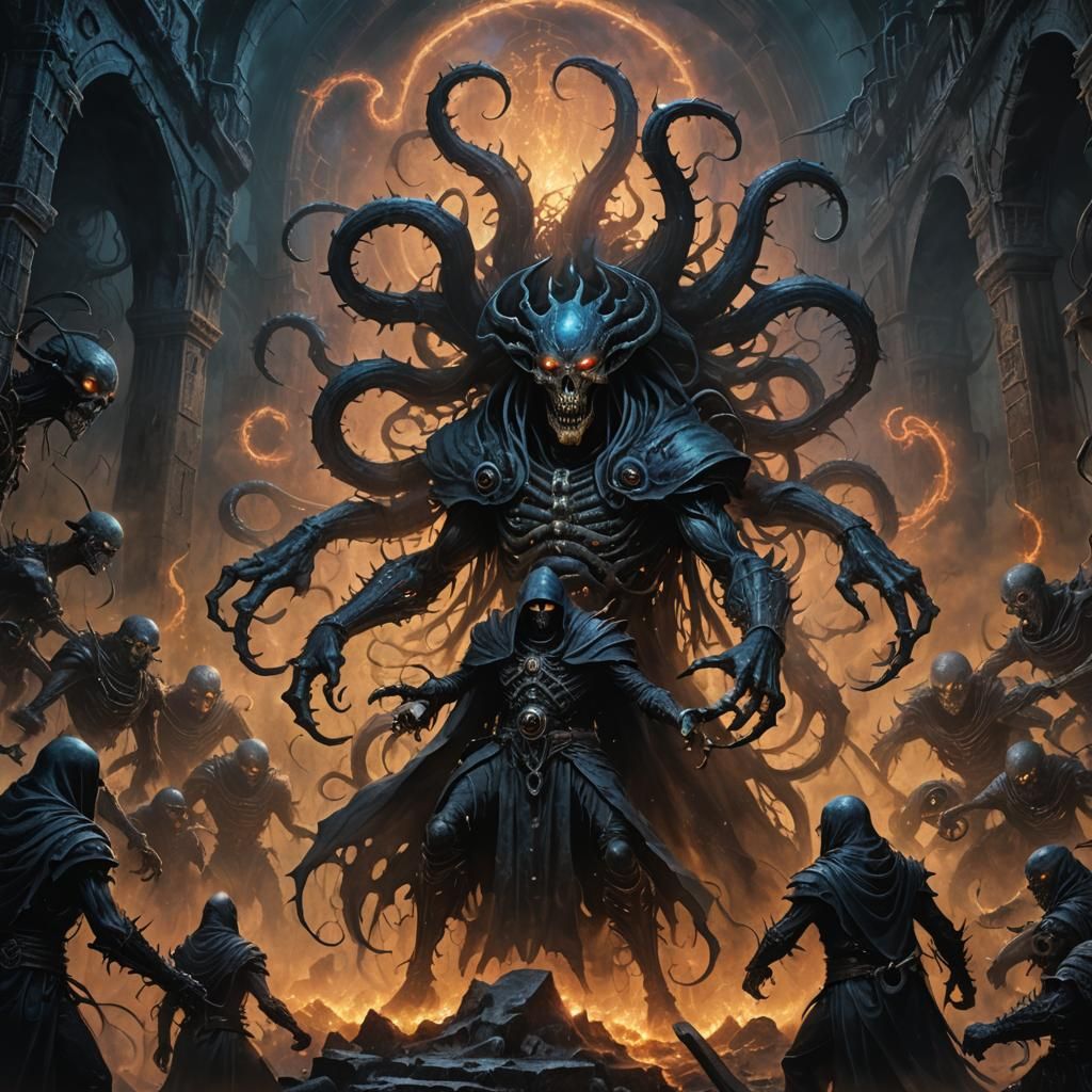 Dark Fantasy Warlock Summons Shadow Minions in Surreal Realm