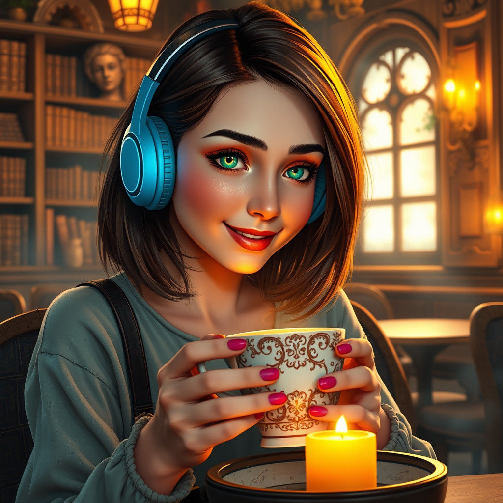 Woman Enjoys Coffee in Whimsical Cafe: Matte Painting