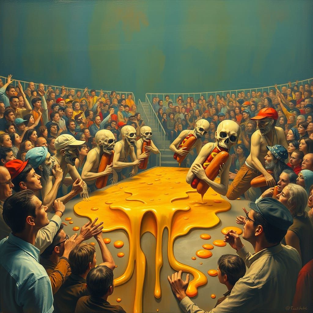 Surrealist Hot Dog Eating Contest in a Dreamlike Stadium
