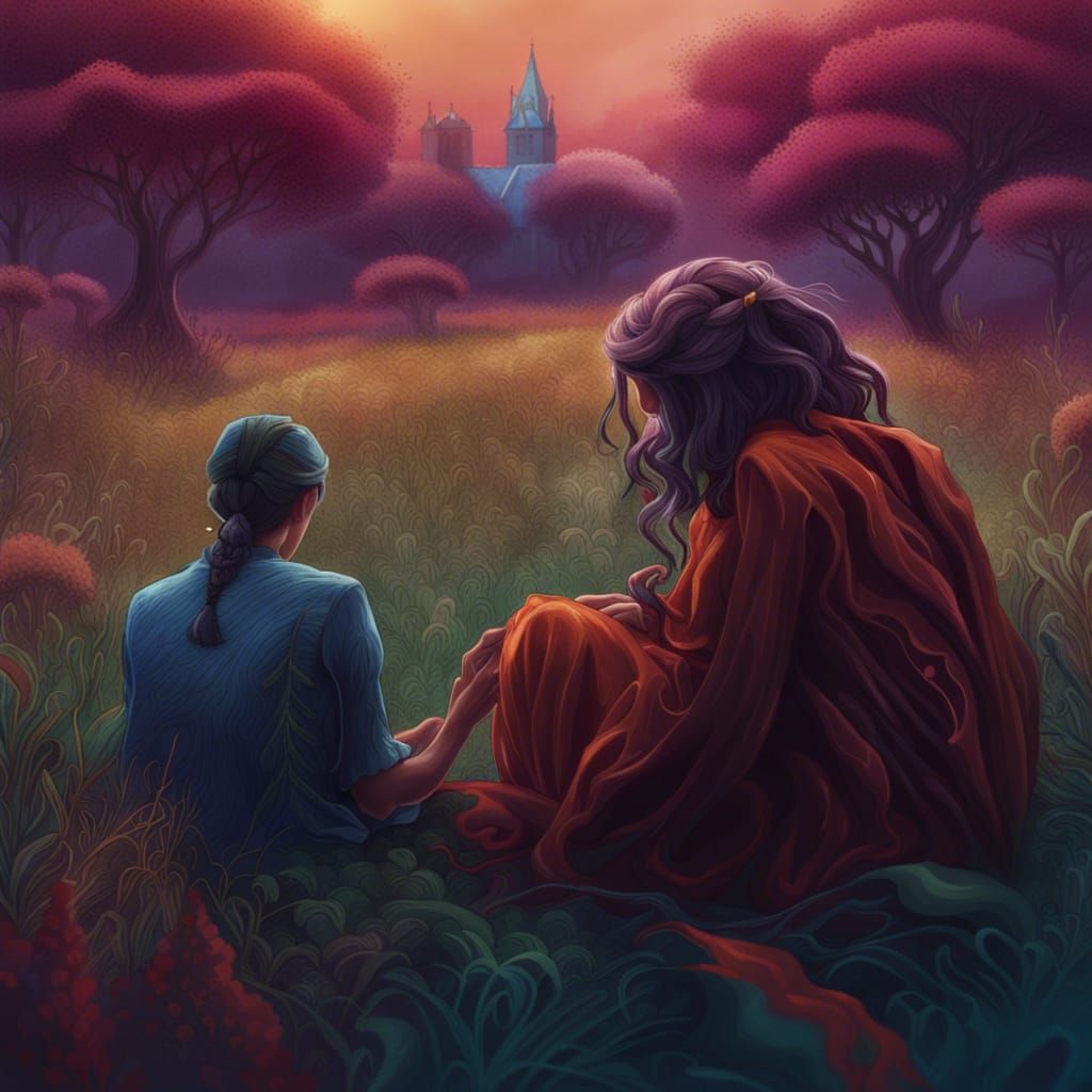 A person sitting curled up in a field and another person placing their hand on her shoulder detailed matte painting, dee...