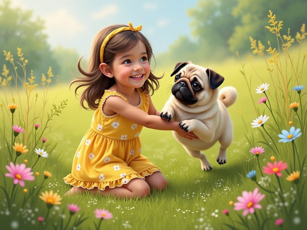 Warm Girl Surrounded by Flowers and Joyful Pug in a Vibrant...