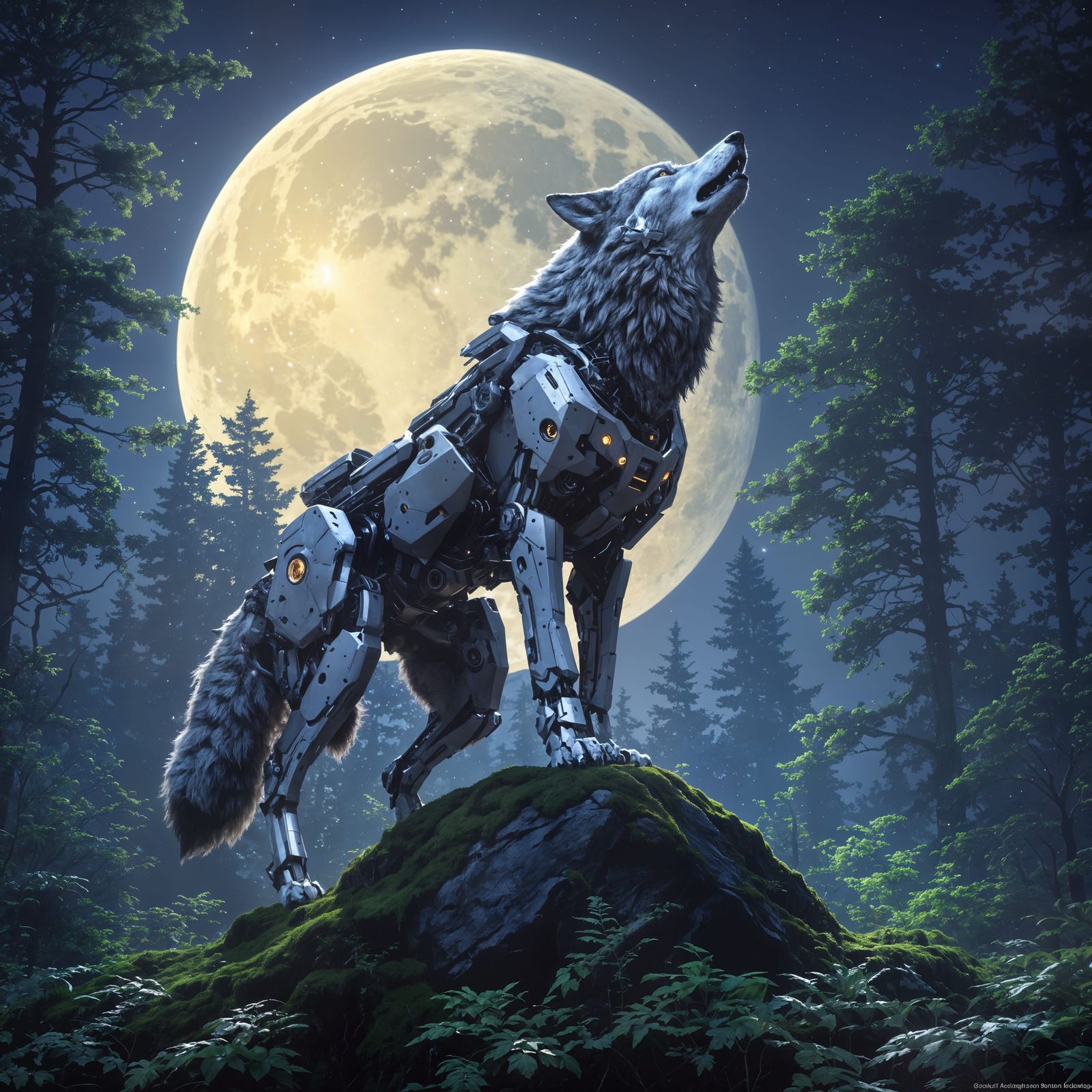 Stunning Robot Wolf in Moonlit Forest