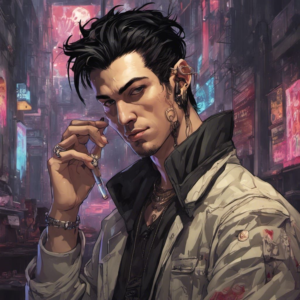Cyberpunk Smirking Man Smoking: Detailed Matte Painting