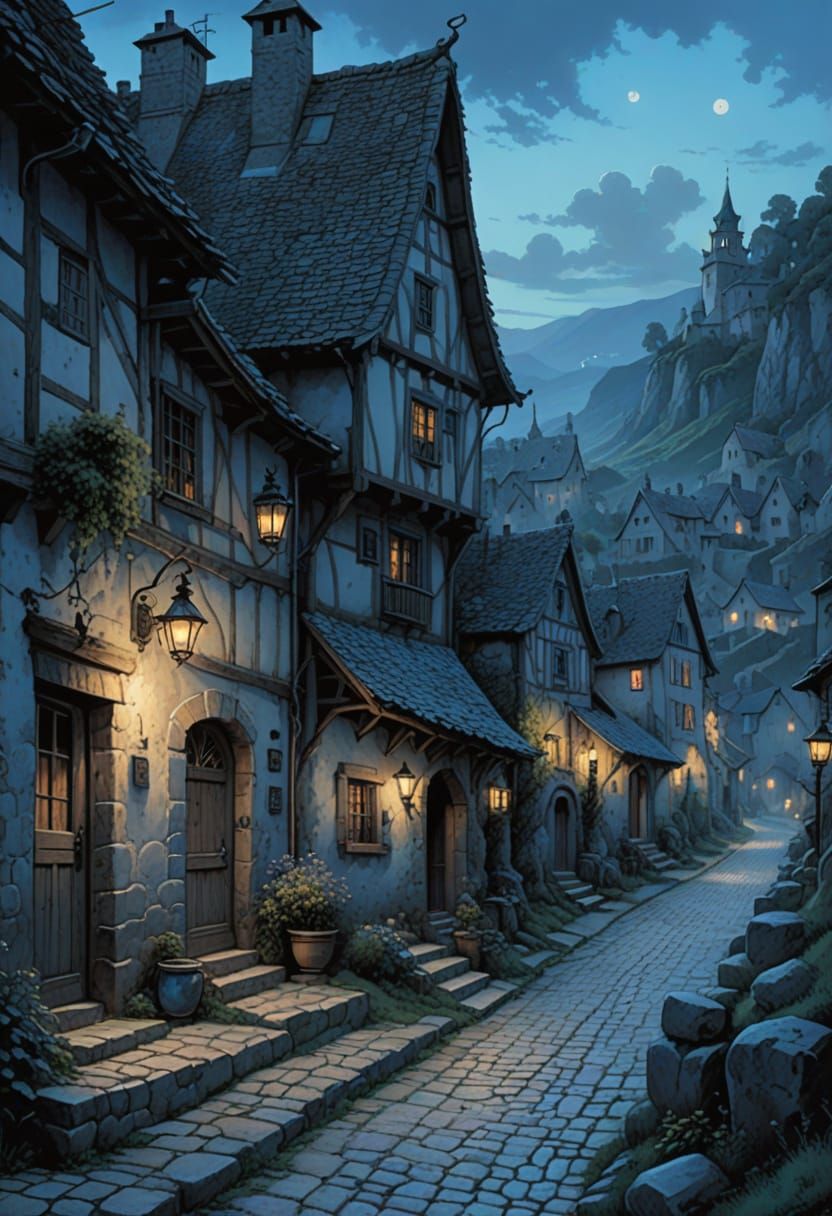 Tranquil Twilight Hamlet Under Starry Skies