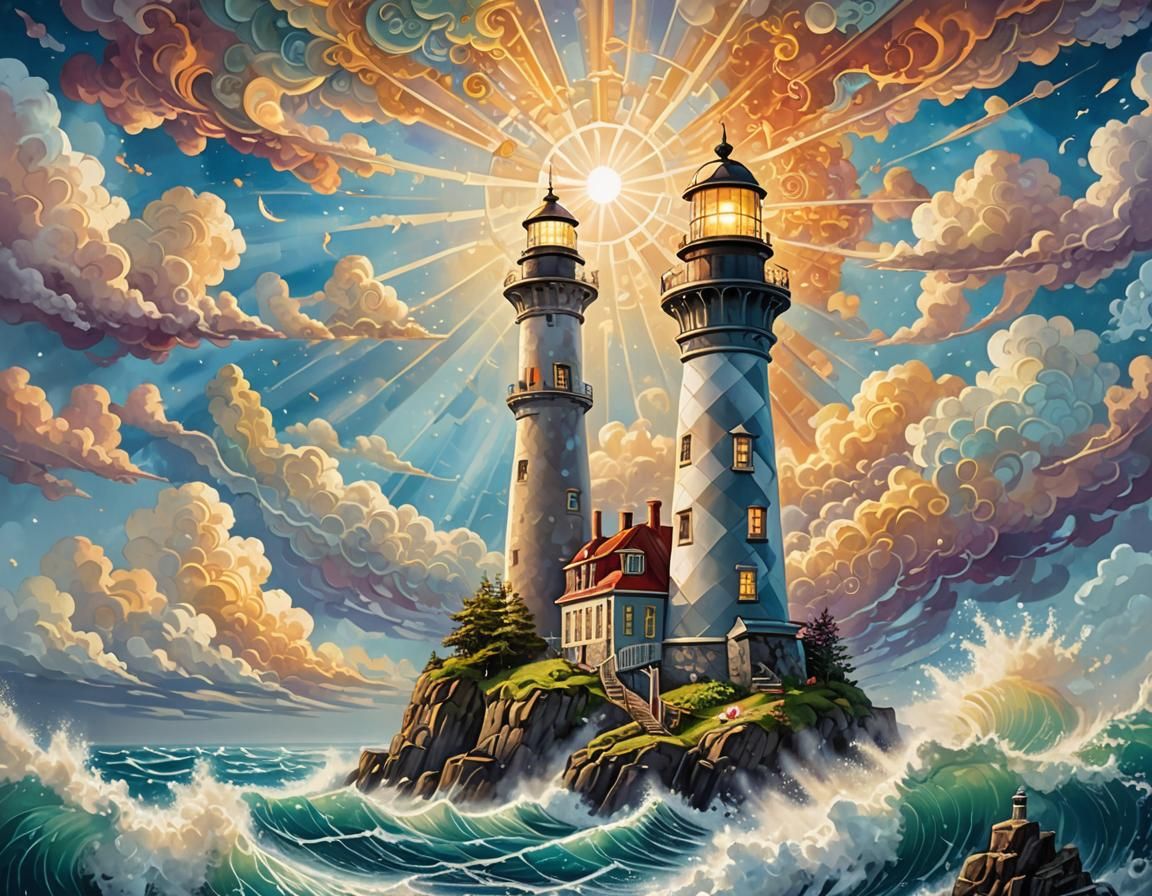 Majestic Lighthouse in Clouds: Dreamlike Fantasy Art