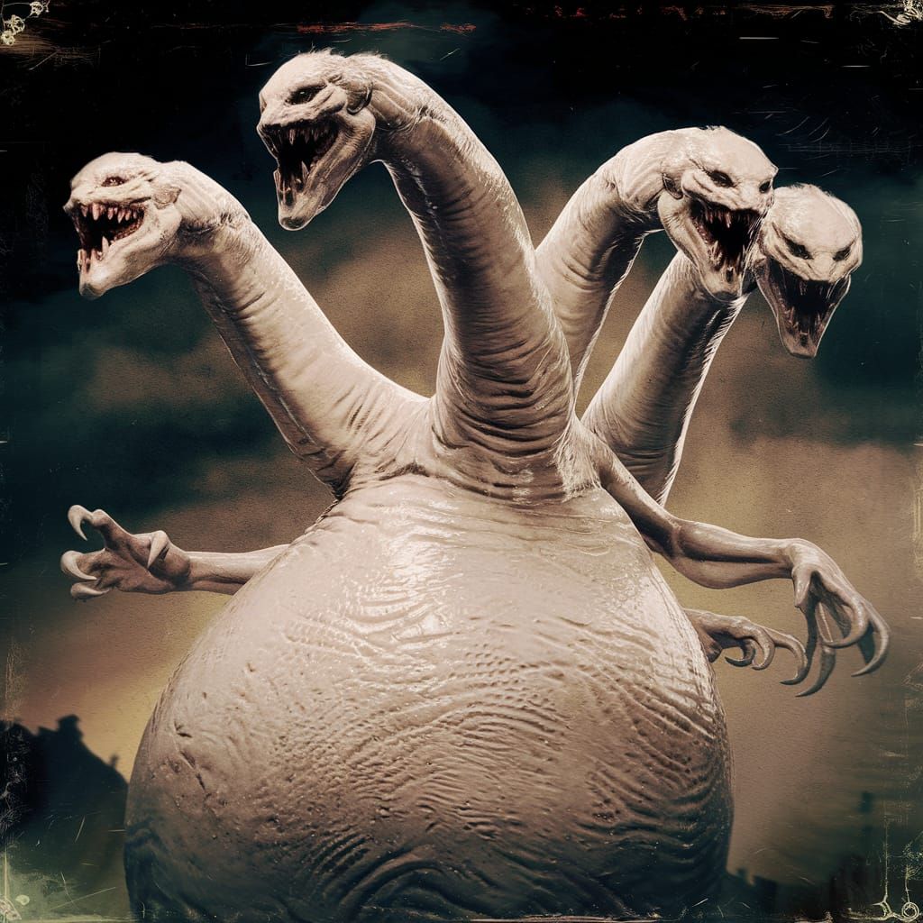Cinematic Hydra with Empty Eyes Sockets and Sharp Teeth