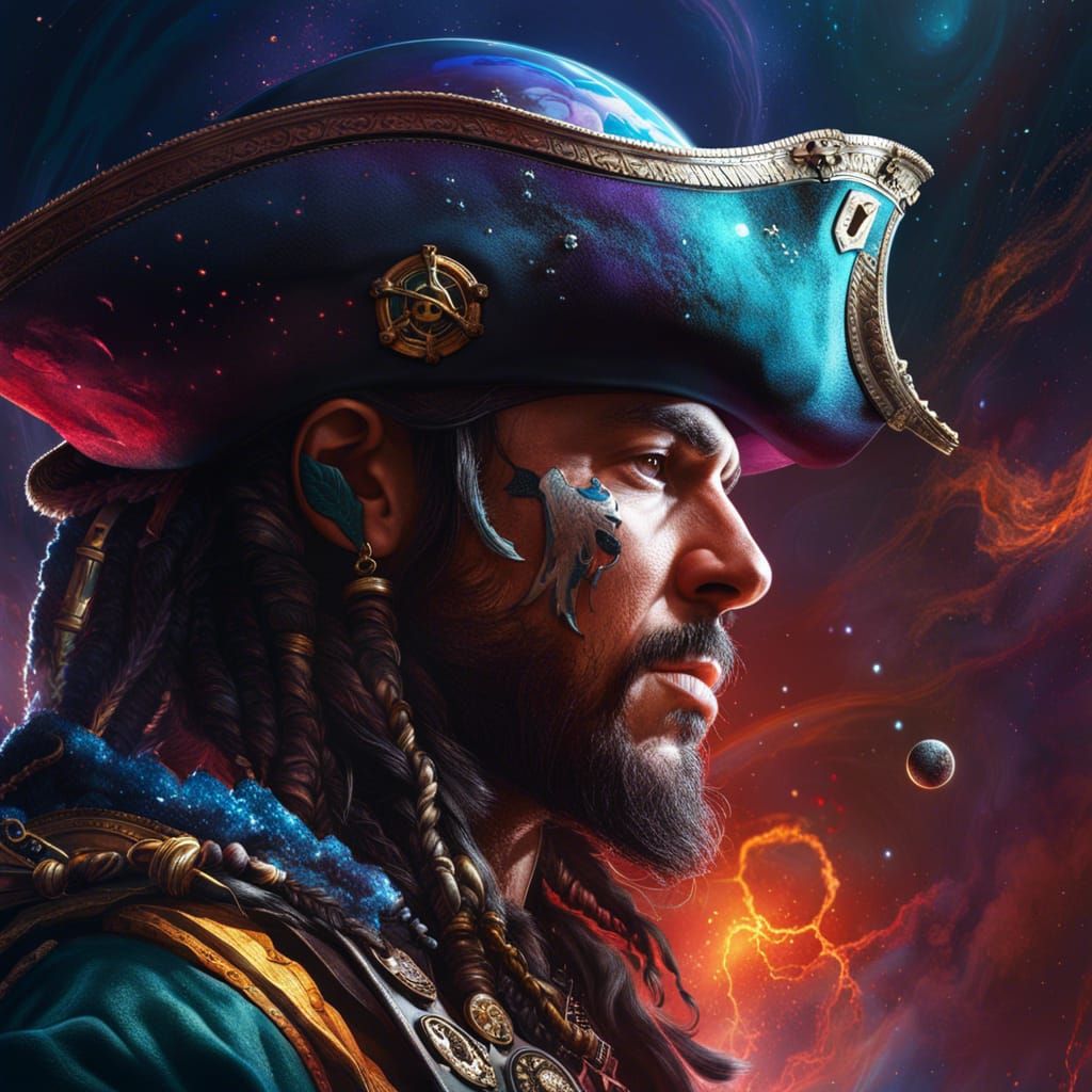 Space Pirate Amidst Planets and Energy Bolts