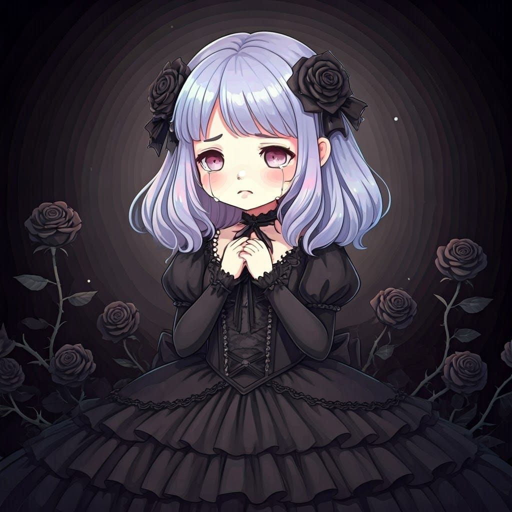 Gothic Kawaii Doll Mourns in a Haunting, Pastel-Hued Scene