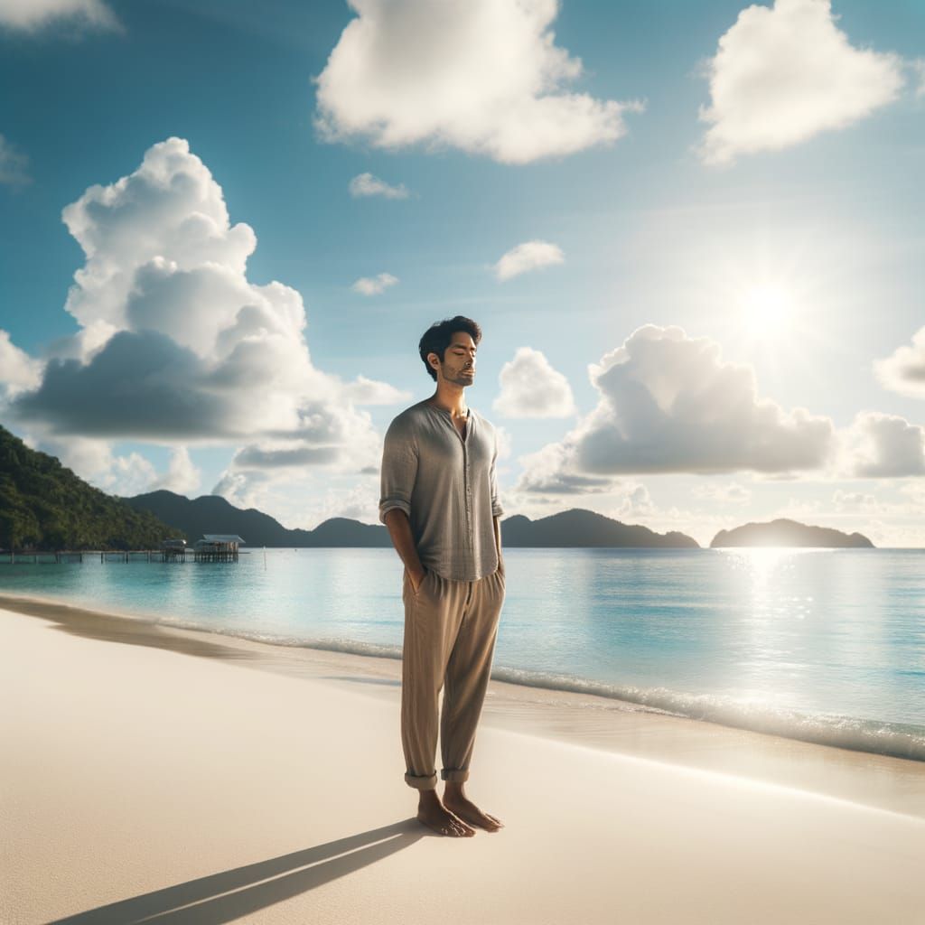 South Asian Man Enjoys Serene Beach Scene Under Bright Sun