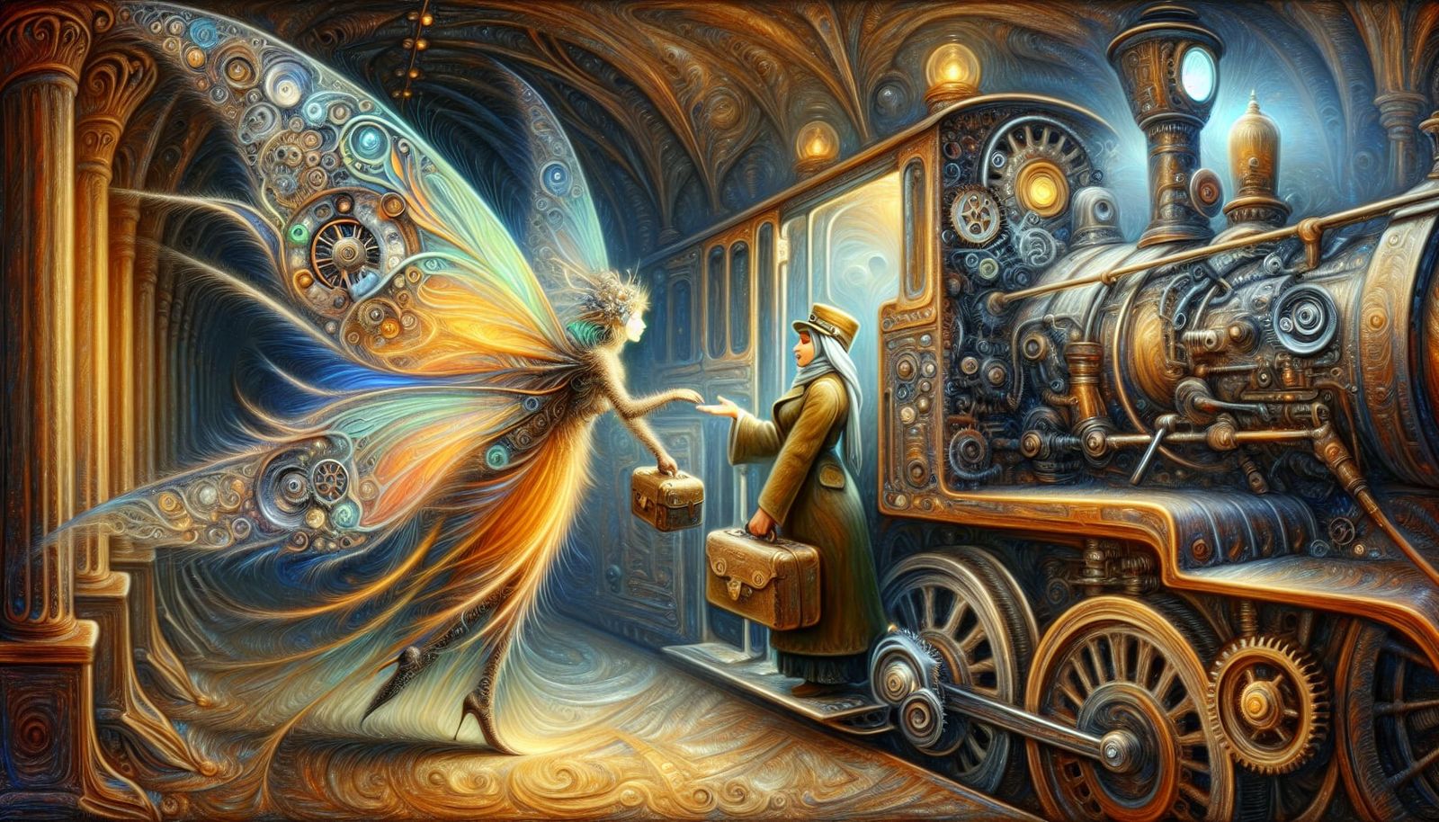 Steampunk Fairy Pays Fare on Train, Surreal Art