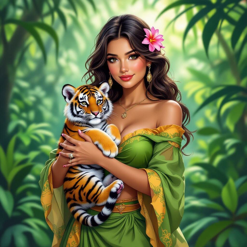 Woman with Tiger Cub in Jungle, Digital Art