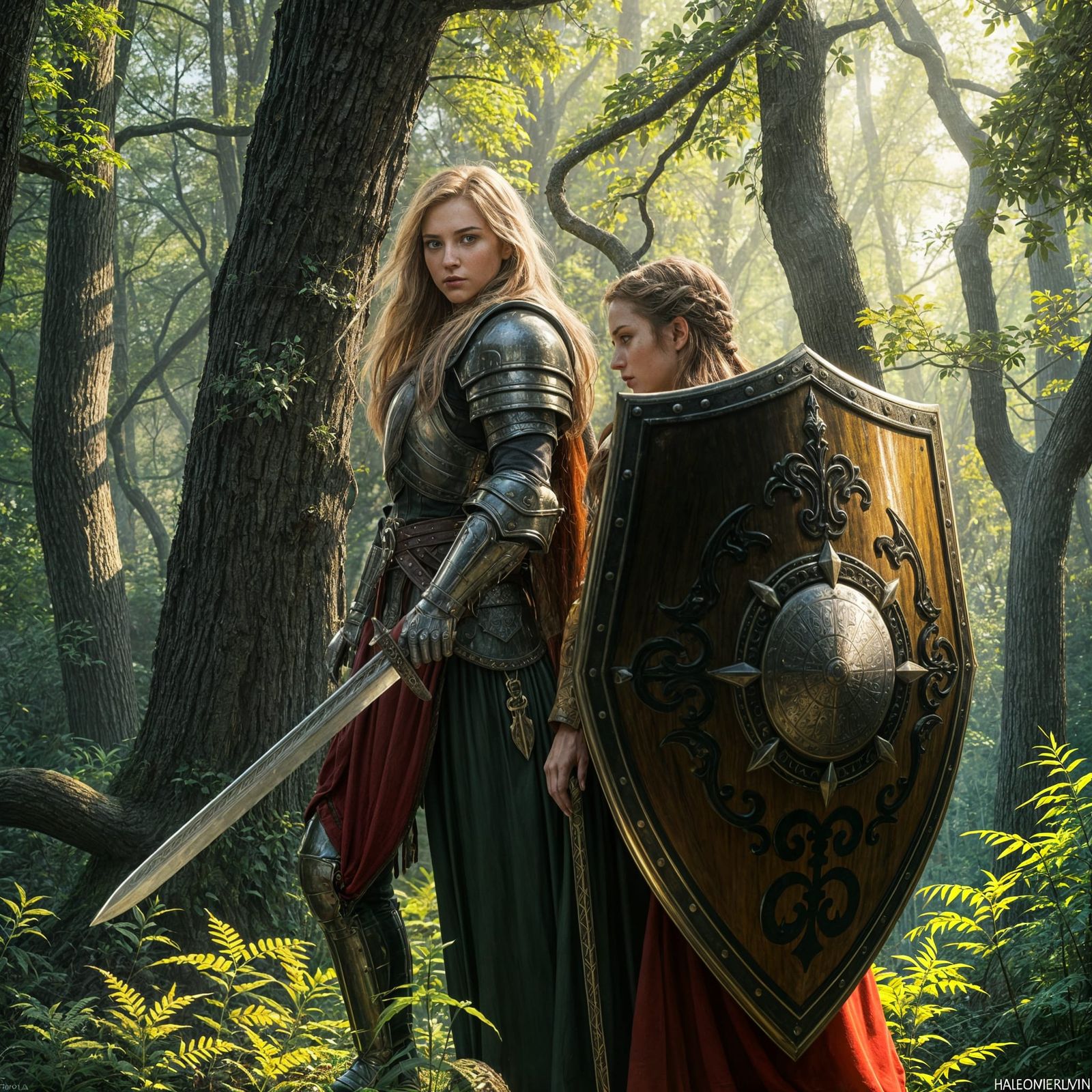 Female Knight and Shieldmaiden in Forest