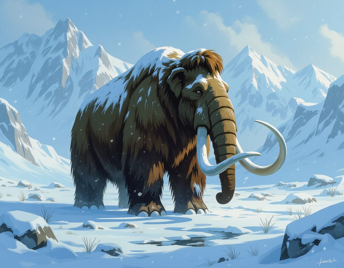 Majestic Mammoth in Icy Landscape, Digital Painting