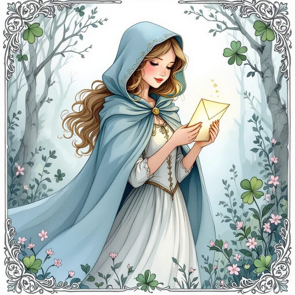 Fairytale Heroine with Glowing Letter in Misty Forest