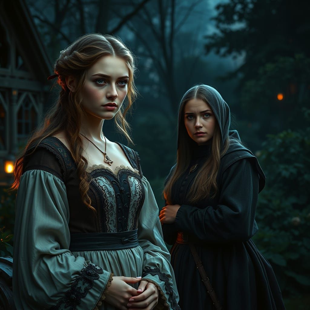 Medieval Noblewoman and Servant in Nighttime Garden, a Cinem...