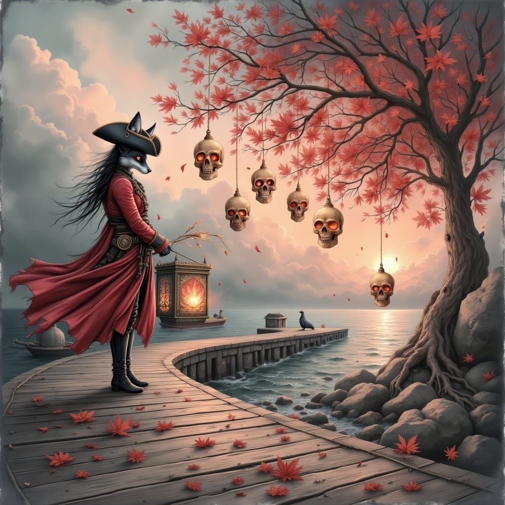 Black Fox Pirate on Shipwreck in Dark Whimsy Style