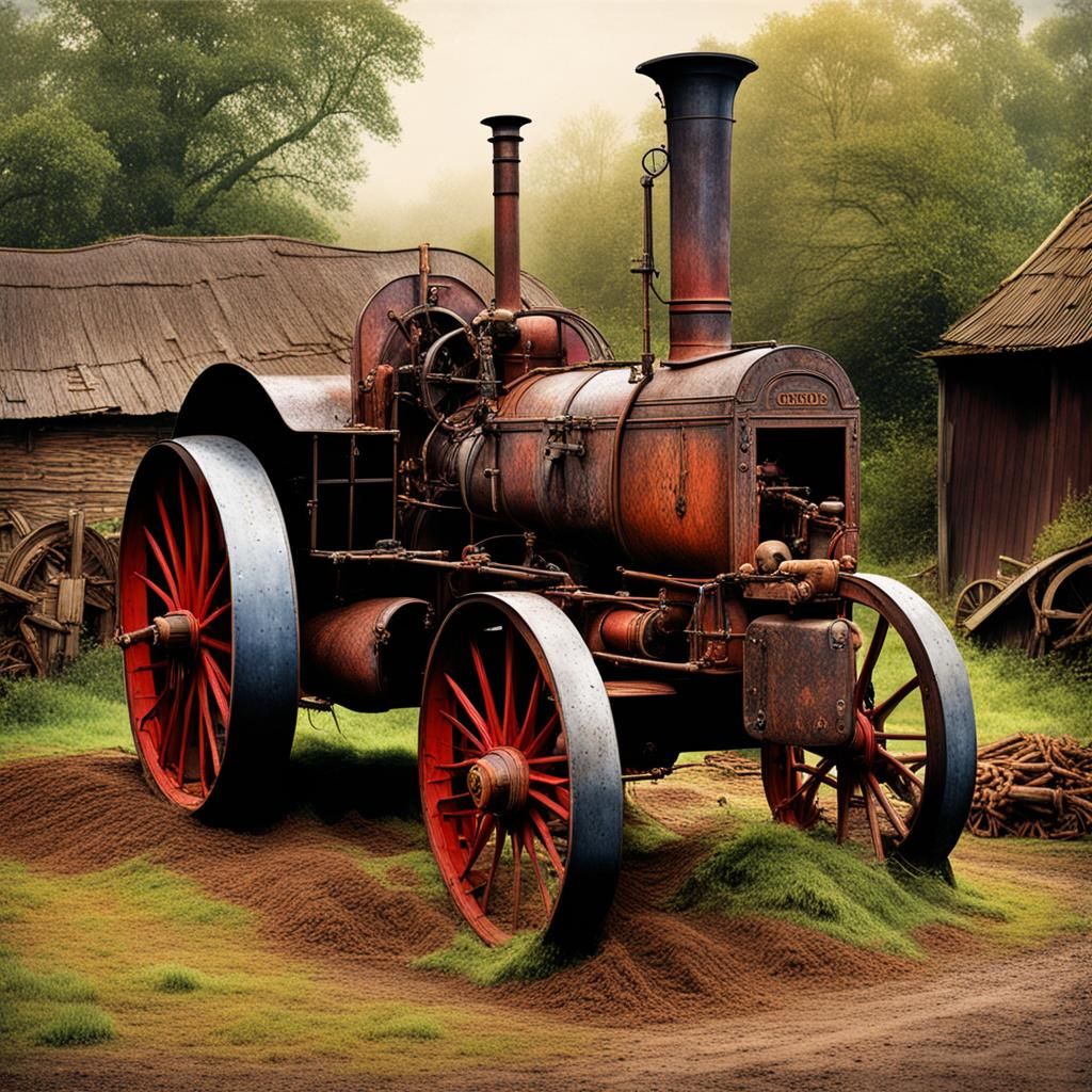 Burrell Steam Tractor in Farmyard, Dark Fantasy Style