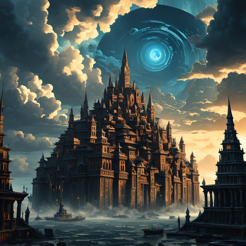 Epic Fantasy City Hovers Amidst Stormy Skies in Cinematic Di...