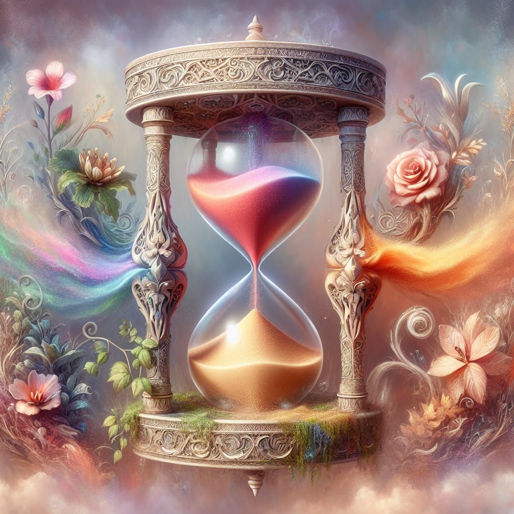 Dreamlike Hourglass with Shifting Seasons in Ethereal Light