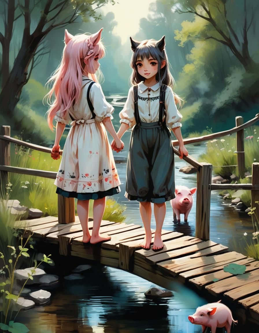 Fantasy Impressionism: Wolf Girl and Pig Girl