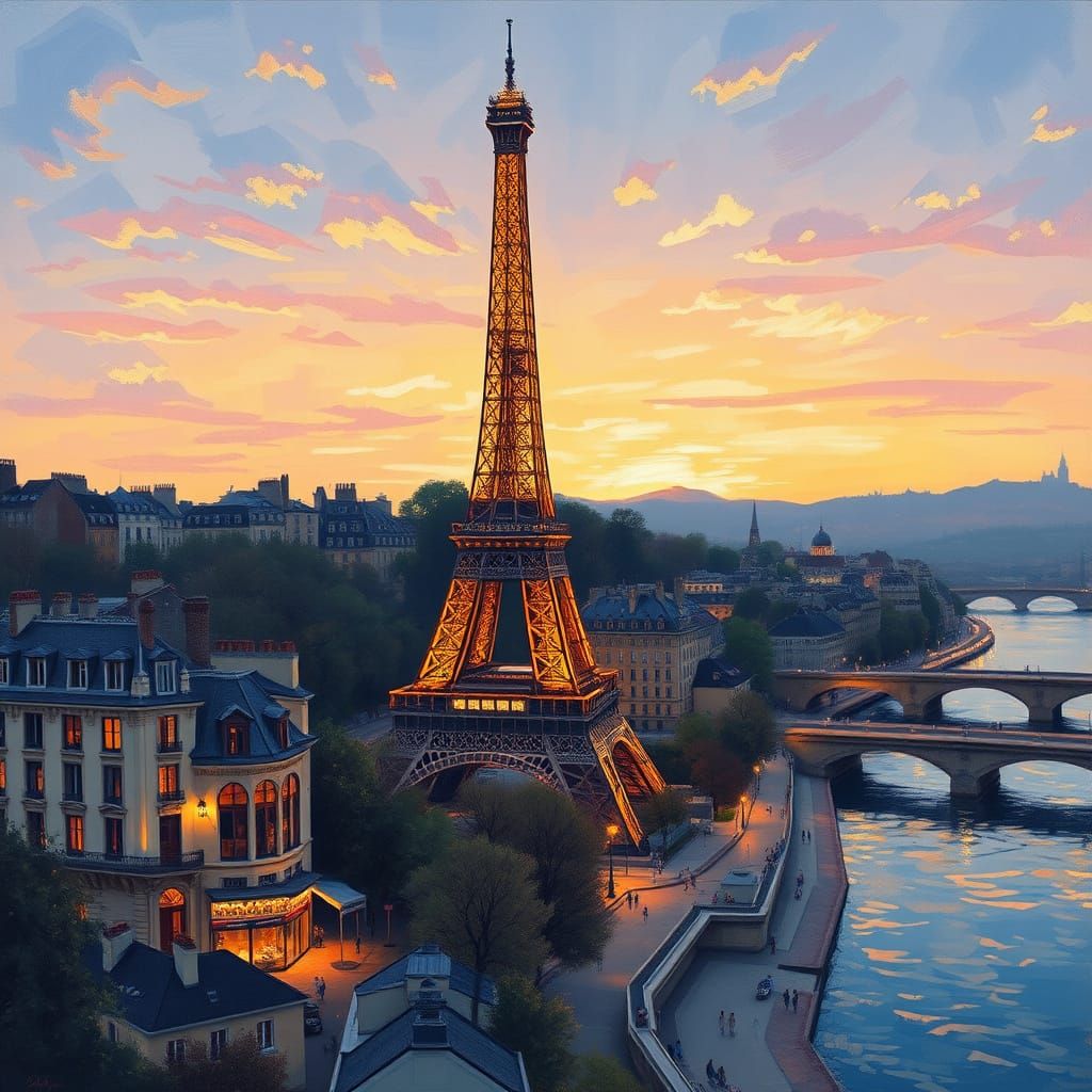 Eiffel Tower at Dusk in French Impressionist Style
